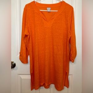 Chico's Size 1 Orange Longline Linen 3/4 Sleeve Notch V-neck Tunic Shirt